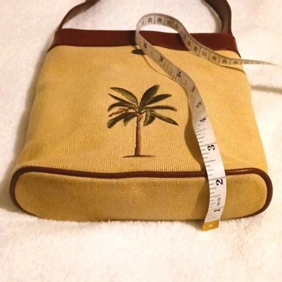 Scala Tan Canvas Palm Tree Bag Brown Leather Trim and‎ Adjustable Strap - Picture 11 of 12